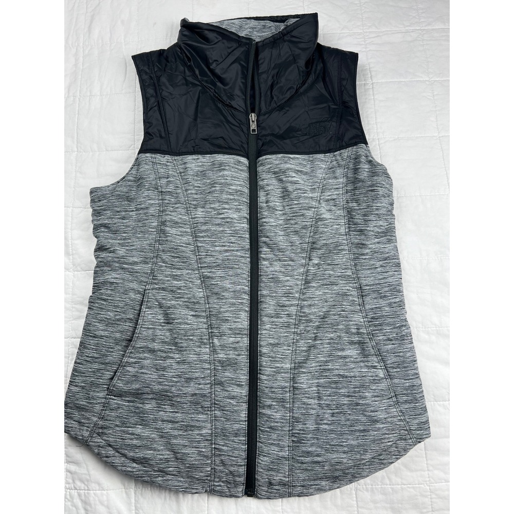 The North Face Womens M Full Zip Vest Heathered Gray Black Puffer Lightweight‎